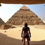 Ancient Egypt VR experience. Prompt: Immersive virtual reality tour of ancient Egypt, pyramids, sand, realistic, detailed.