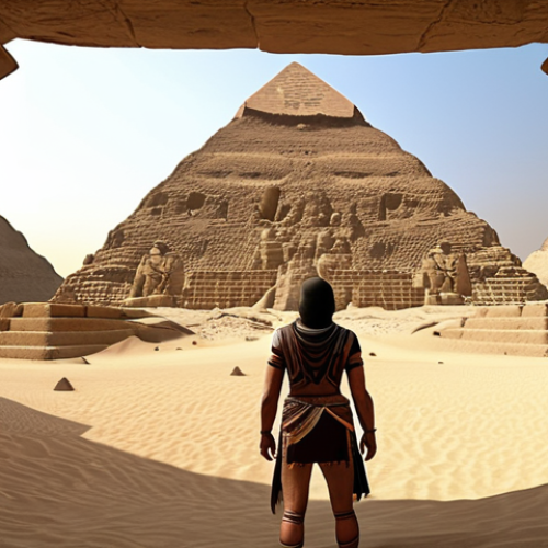 Ancient Egypt VR experience. Prompt: Immersive virtual reality tour of ancient Egypt, pyramids, sand, realistic, detailed.