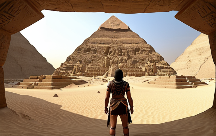 Ancient Egypt VR experience. Prompt: Immersive virtual reality tour of ancient Egypt, pyramids, sand, realistic, detailed.