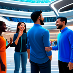 A diverse group of individuals, represented by distinct and expressive avatars, engaged in joyful, open conversation within a vibrant, futuristic virtual plaza. Some avatars are gesturing, others are listening intently, fostering a strong sense of global connection and cultural exchange. They are fully clothed in modest, contemporary virtual attire, appropriate for a public setting. The background features dynamic holographic elements and subtle architectural details, suggesting a bustling hub of activity. The scene is brightly lit with a positive and welcoming atmosphere, showcasing perfect anatomy, correct proportions, natural poses, well-formed hands, proper finger count, and natural body proportions. This is a safe for work, appropriate content, and family-friendly depiction.