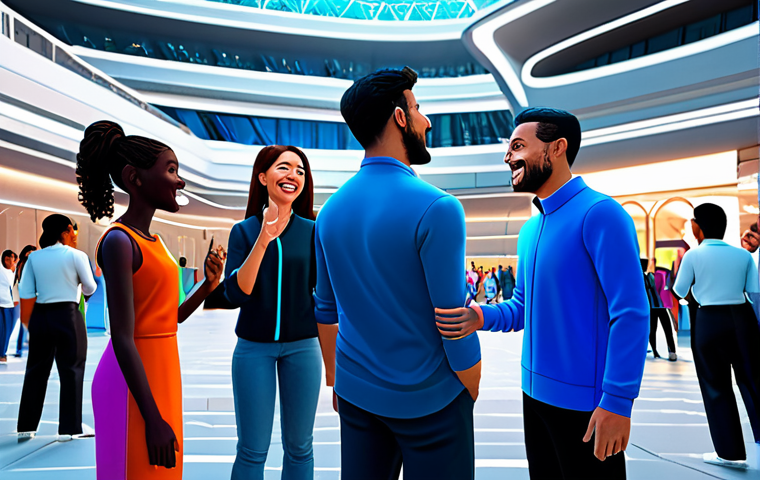 A diverse group of individuals, represented by distinct and expressive avatars, engaged in joyful, open conversation within a vibrant, futuristic virtual plaza. Some avatars are gesturing, others are listening intently, fostering a strong sense of global connection and cultural exchange. They are fully clothed in modest, contemporary virtual attire, appropriate for a public setting. The background features dynamic holographic elements and subtle architectural details, suggesting a bustling hub of activity. The scene is brightly lit with a positive and welcoming atmosphere, showcasing perfect anatomy, correct proportions, natural poses, well-formed hands, proper finger count, and natural body proportions. This is a safe for work, appropriate content, and family-friendly depiction.